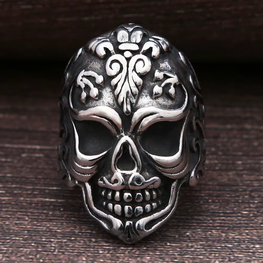 Vintage Floral Sugar Skull Stainless Steel Ring