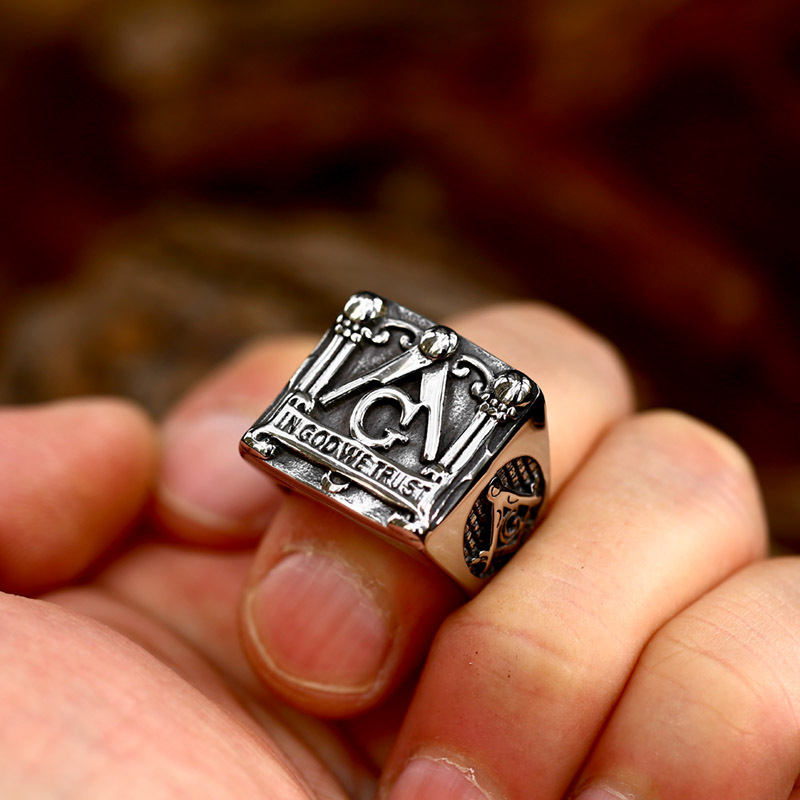 Masonic Square & Compass Stainless Steel Ring