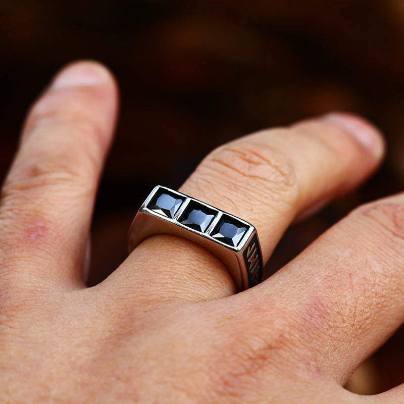Square Gem Engraved Wide Stainless Steel Ring