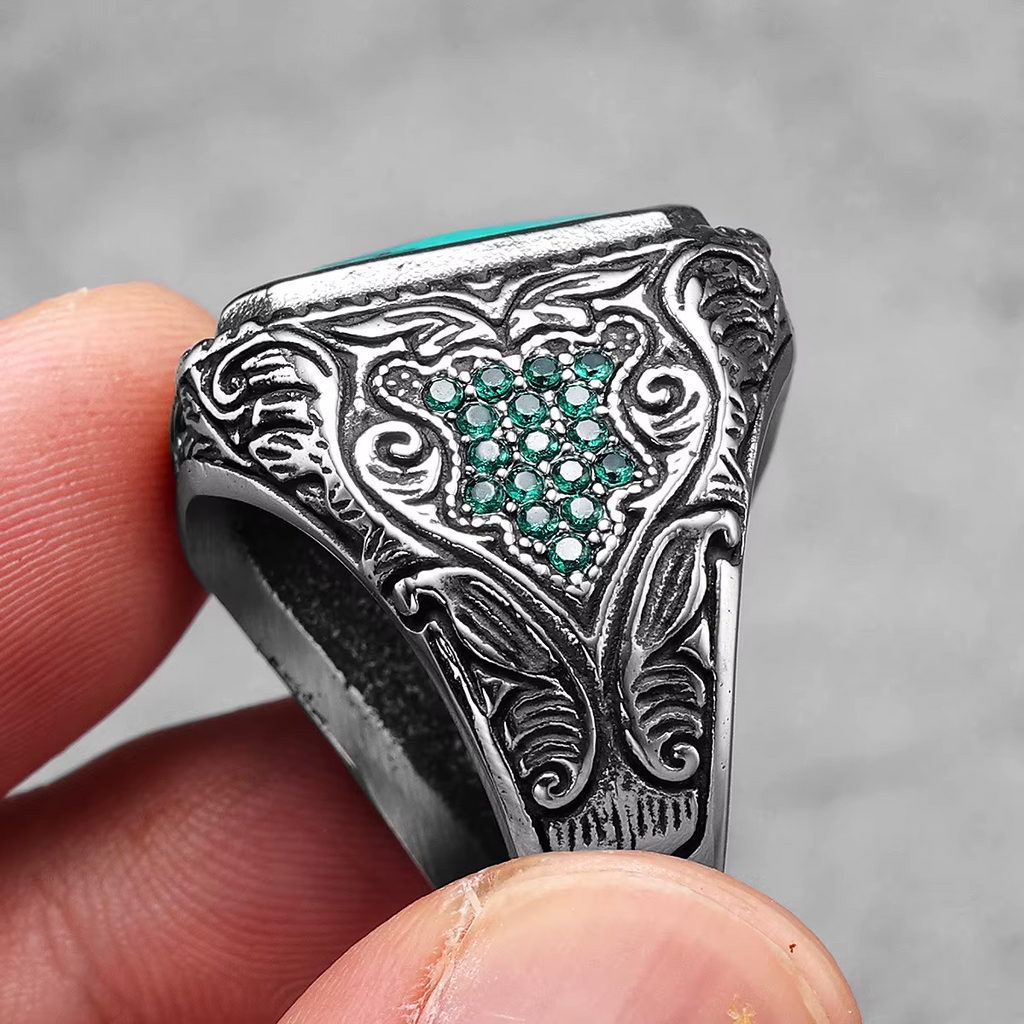 Carved Multi‑Gem Stainless Steel Ring