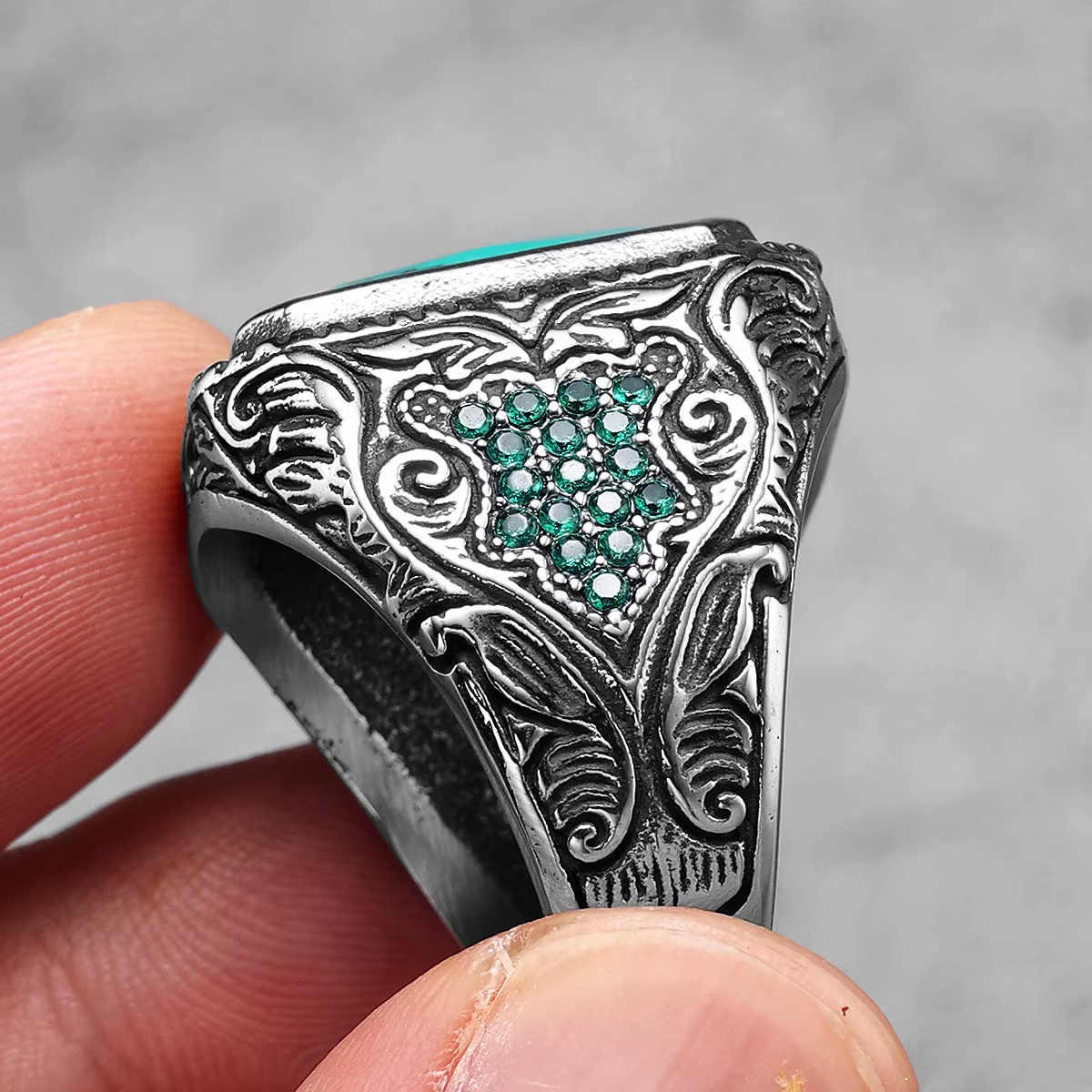 Carved Multi‑Gem Stainless Steel Ring