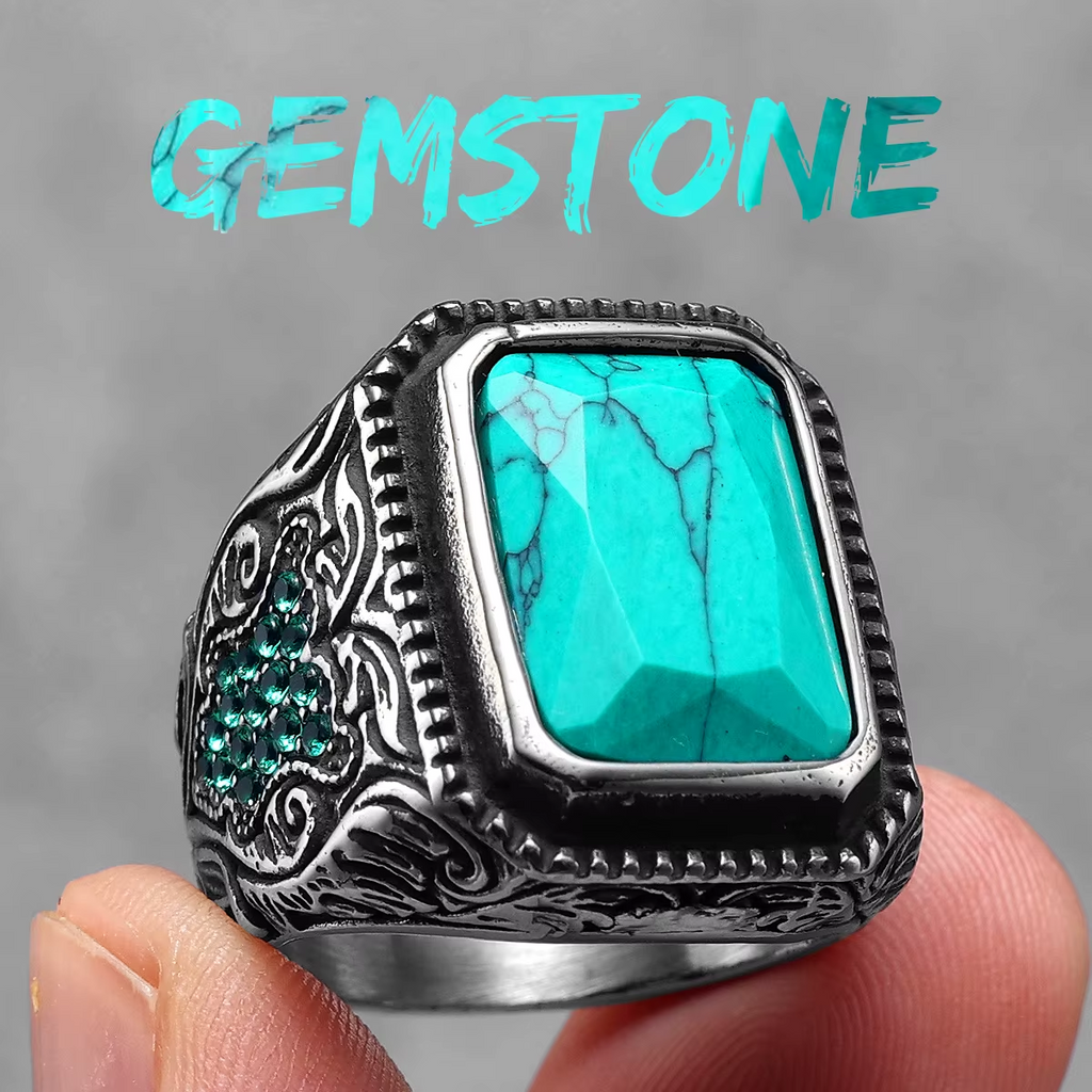 Carved Multi‑Gem Stainless Steel Ring