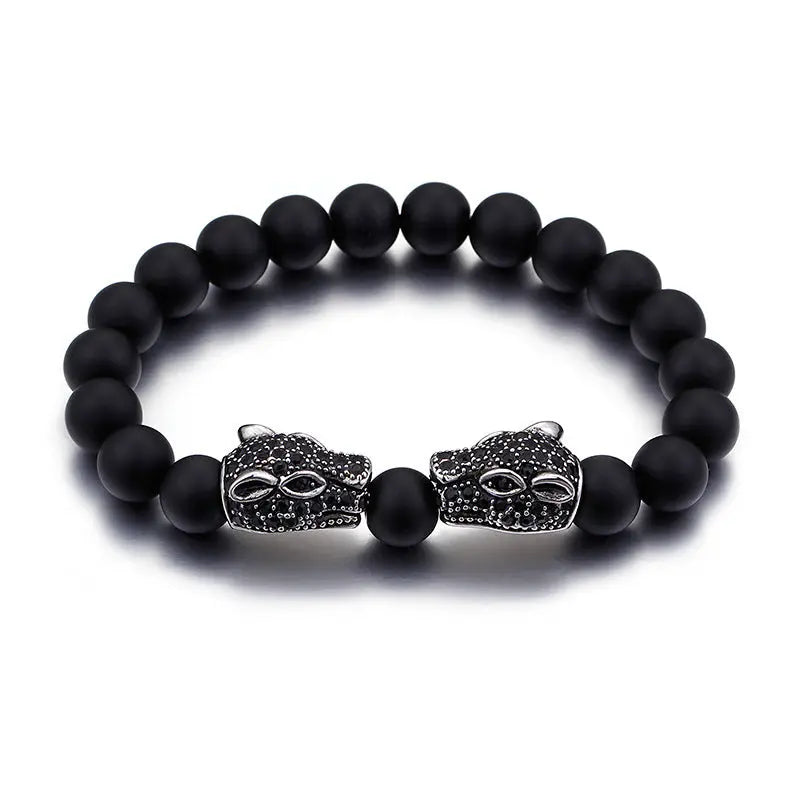 Black Agate Round Bead Panther Head Bracelet