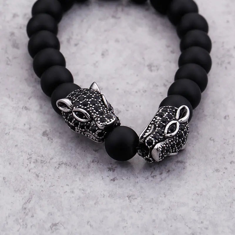 Black Agate Round Bead Panther Head Bracelet
