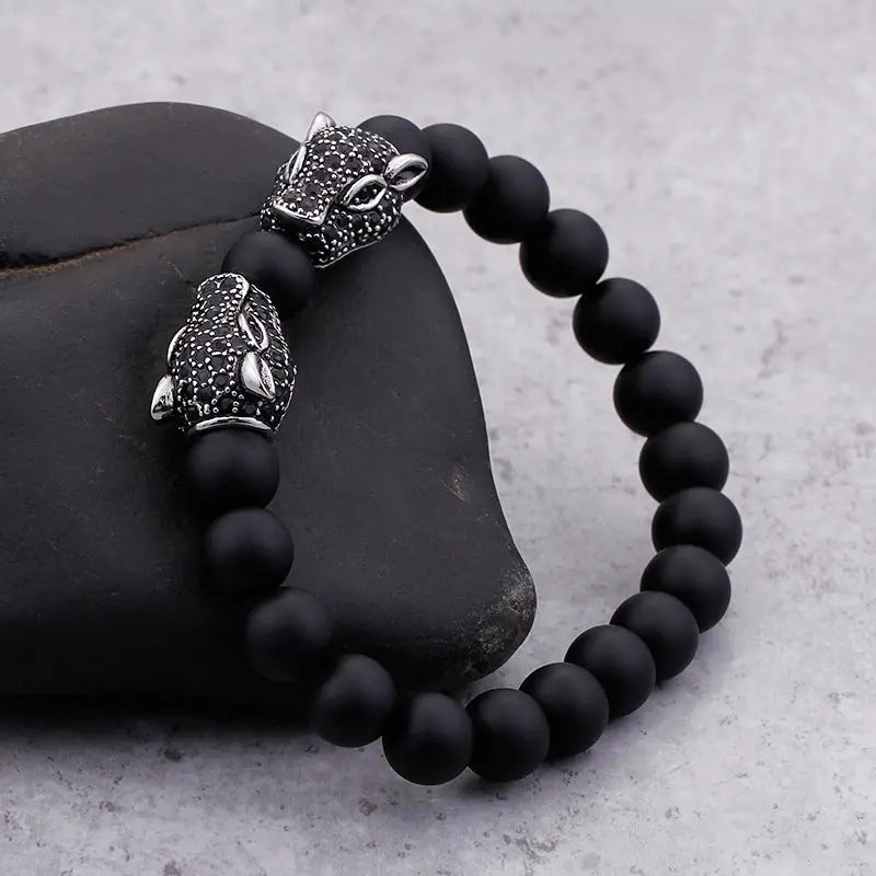 Black Agate Round Bead Panther Head Bracelet