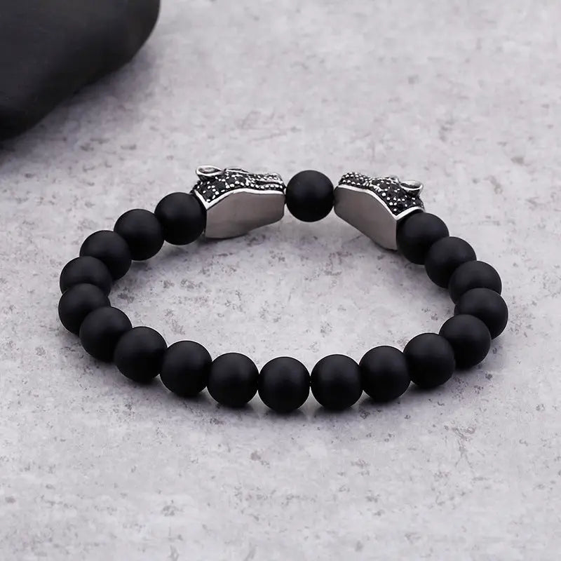 Black Agate Round Bead Panther Head Bracelet