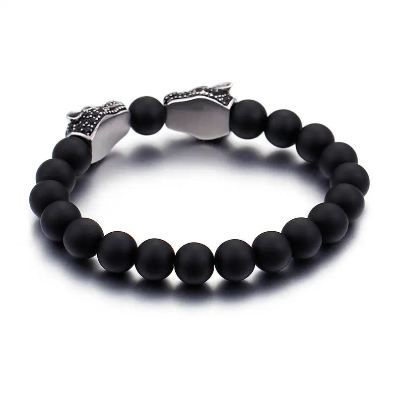 Black Agate Round Bead Panther Head Bracelet