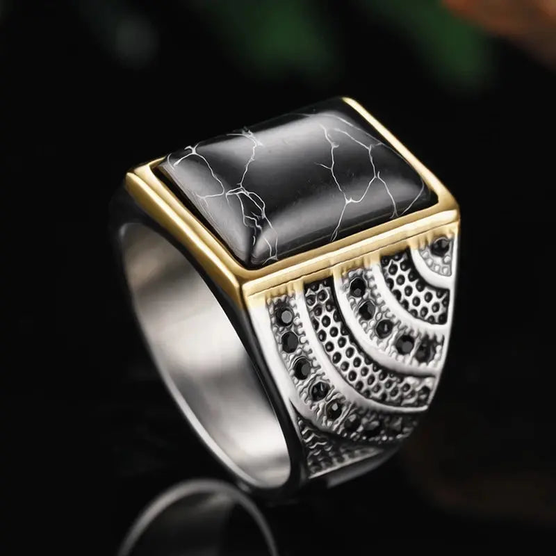 Black Agate Stainless Steel Ring