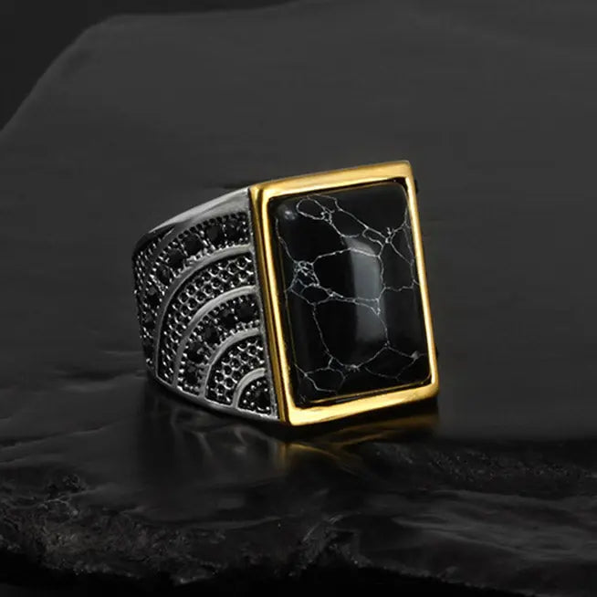 Black Agate Stainless Steel Ring