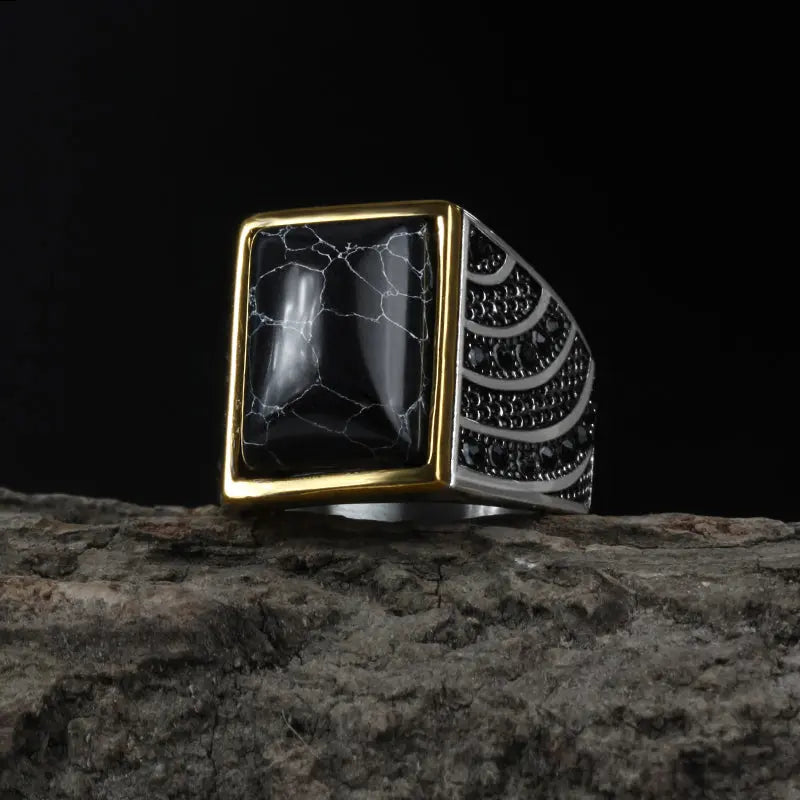 Black Agate Stainless Steel Ring