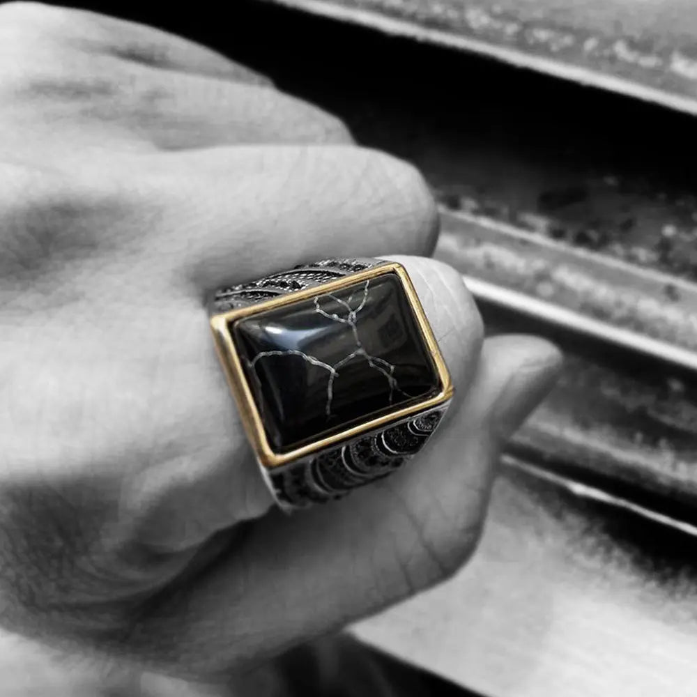 Black Agate Stainless Steel Ring