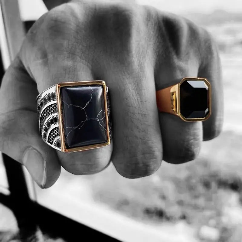 Black Agate Stainless Steel Ring