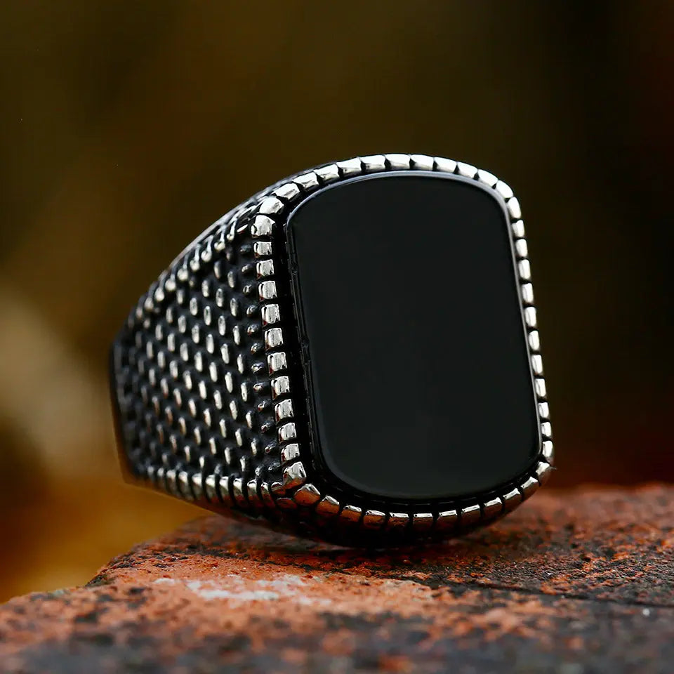 Black Onyx Agate Stainless Steel Ring