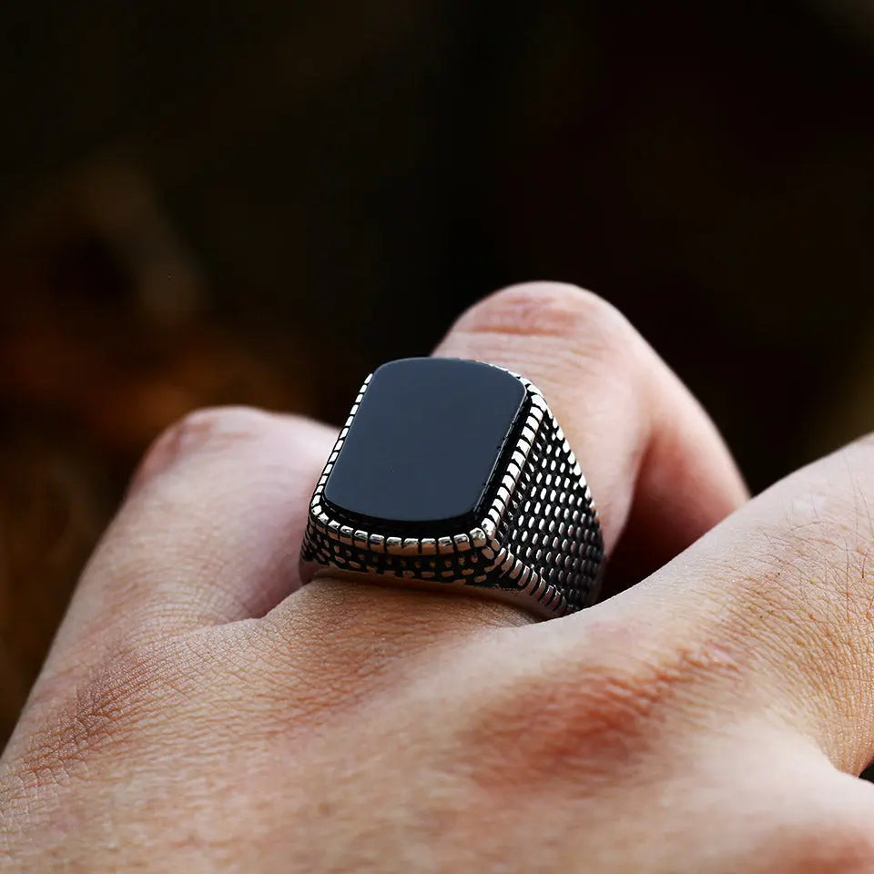 Black Onyx Agate Stainless Steel Ring