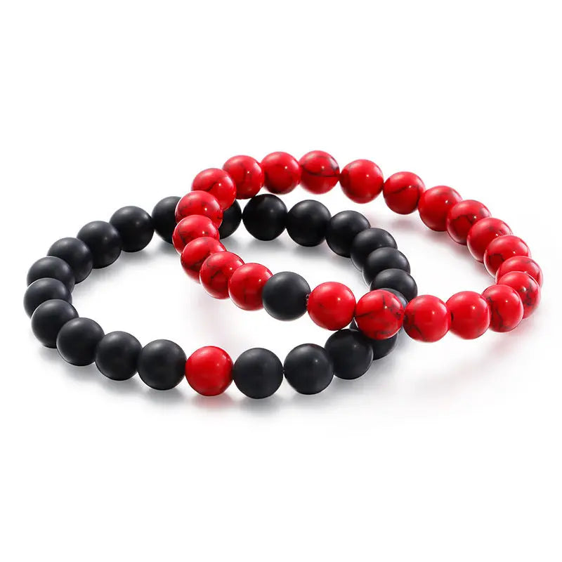 Black Red Round Bead Elastic Bracelet