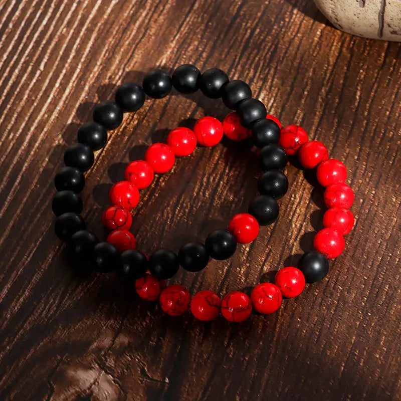 Black Red Round Bead Elastic Bracelet