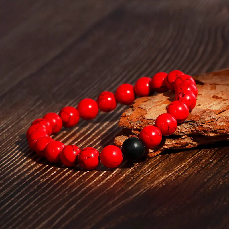 Black Red Round Bead Elastic Bracelet