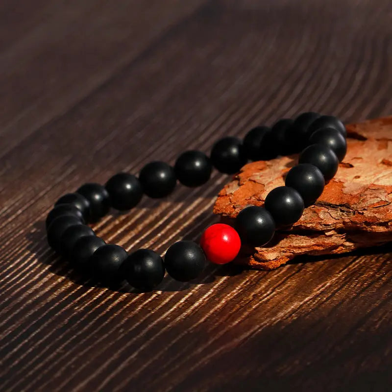 Black Red Round Bead Elastic Bracelet