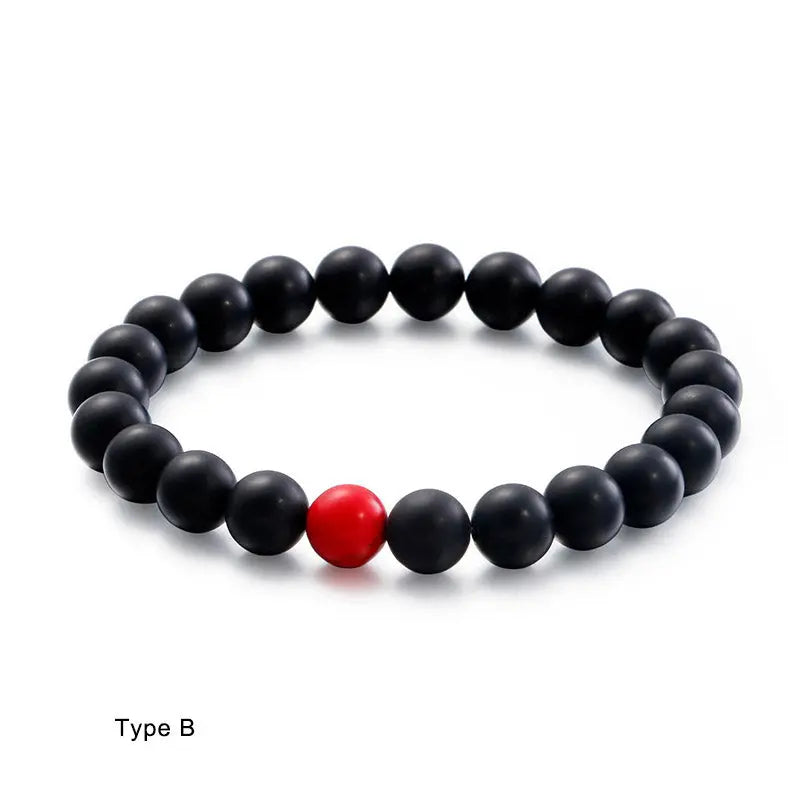 Black Red Round Bead Elastic Bracelet