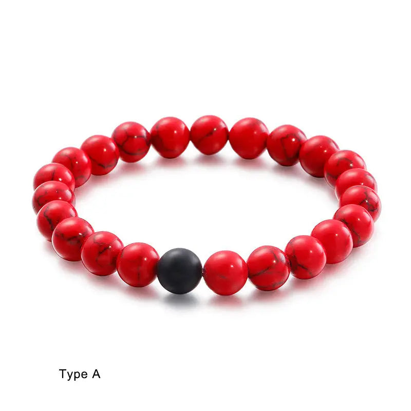 Black Red Round Bead Elastic Bracelet