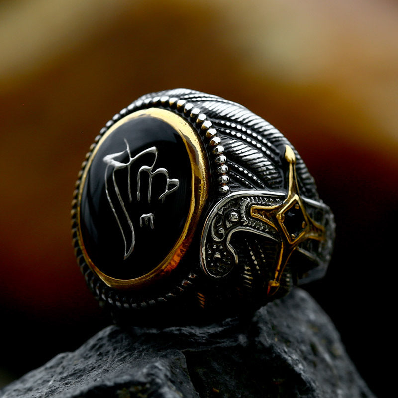 Black Gemstone Cross Stainless Steel Ring