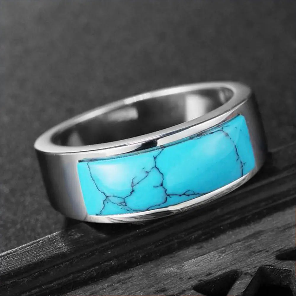 Blue Synthetic Turquoise Stainless Steel Ring