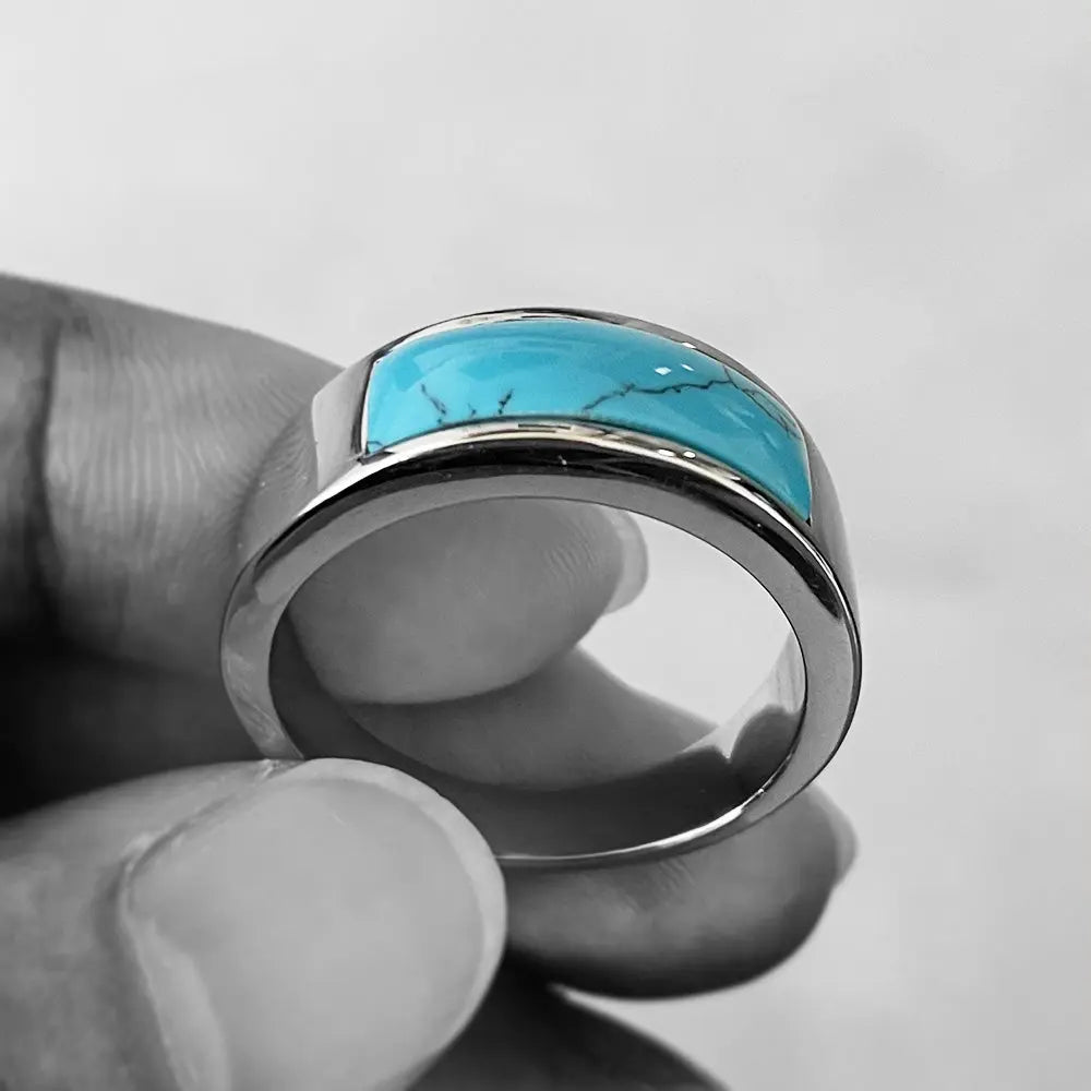 Blue Synthetic Turquoise Stainless Steel Ring