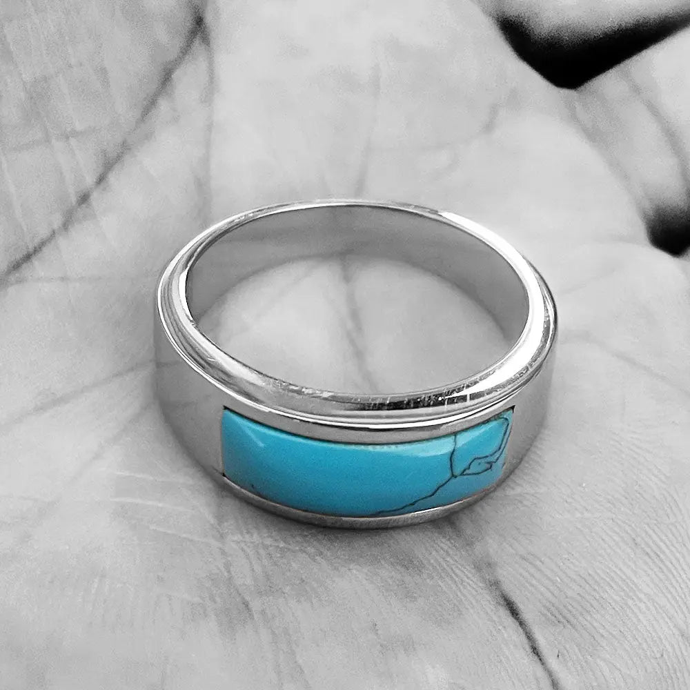 Blue Synthetic Turquoise Stainless Steel Ring