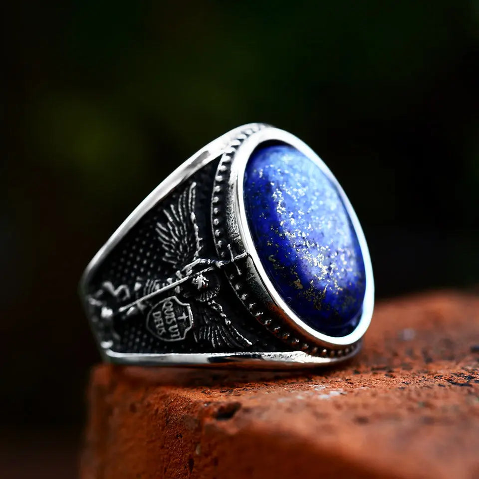 Blue Zircon St. Michael Religious Stainless Steel Ring