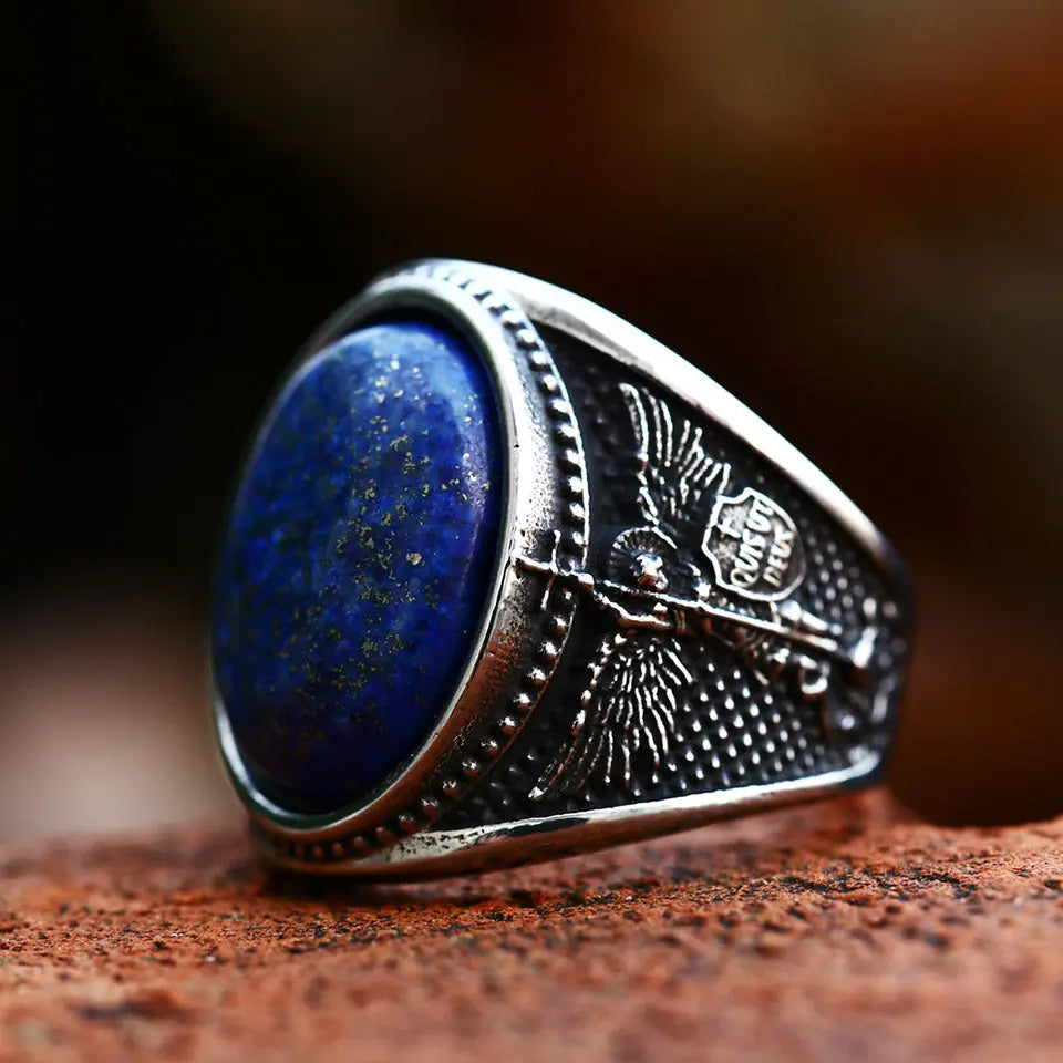 Blue Zircon St. Michael Religious Stainless Steel Ring