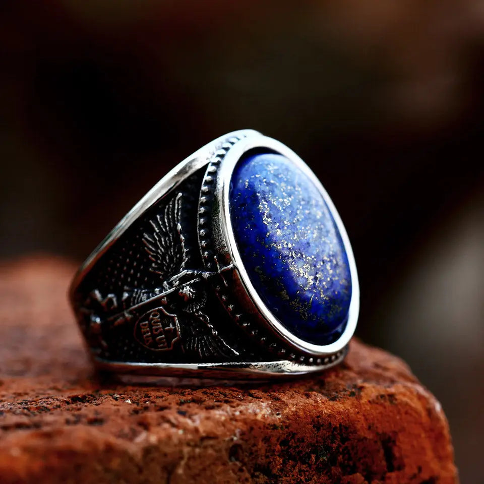 Blue Zircon St. Michael Religious Stainless Steel Ring