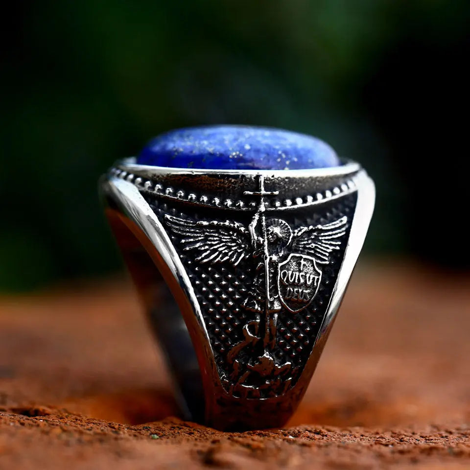 Blue Zircon St. Michael Religious Stainless Steel Ring