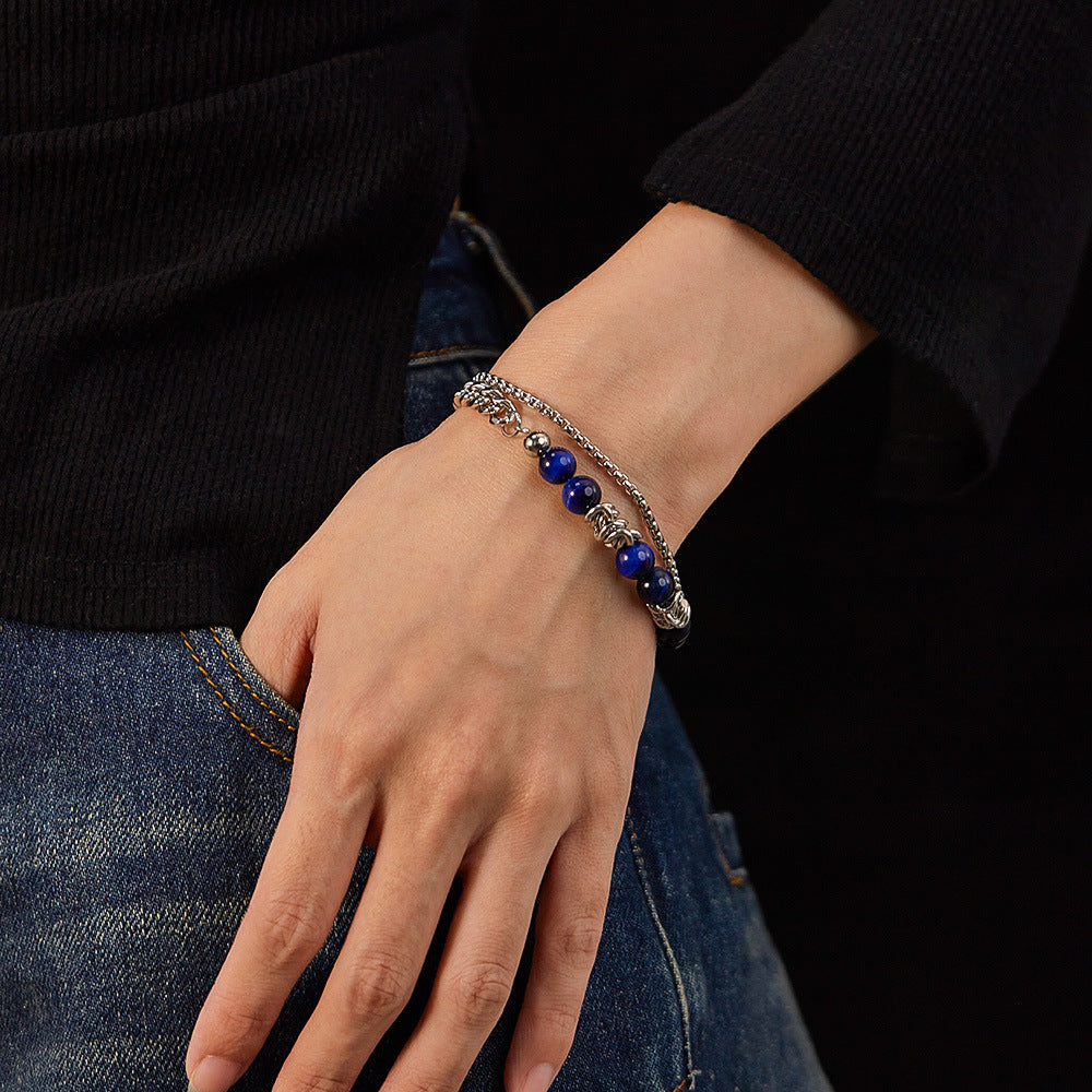 Blue Tiger's Eye Stainless Steel Multi-Layer Chain Bracelet