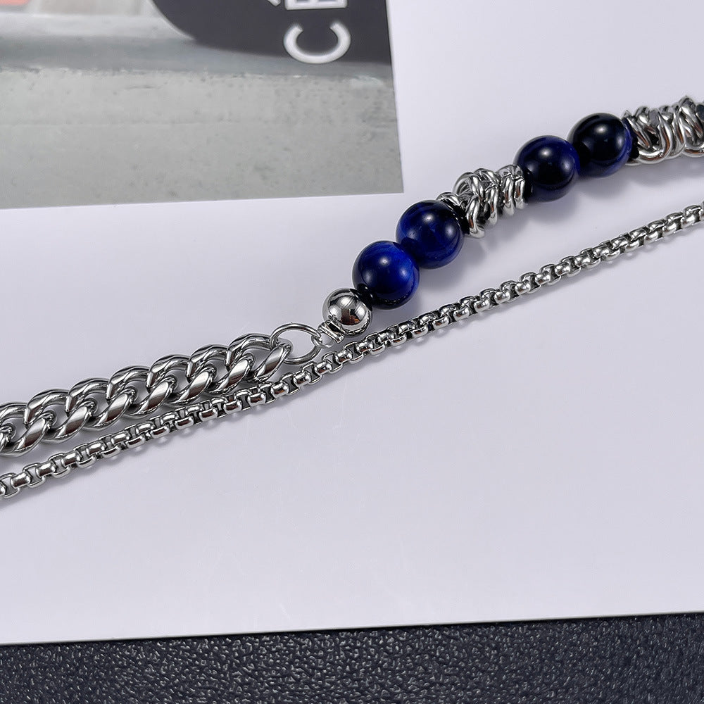 Blue Tiger's Eye Stainless Steel Multi-Layer Chain Bracelet