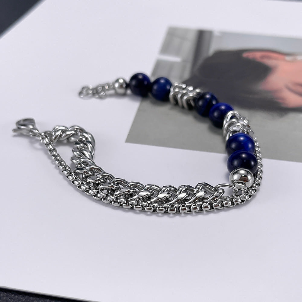 Blue Tiger's Eye Stainless Steel Multi-Layer Chain Bracelet