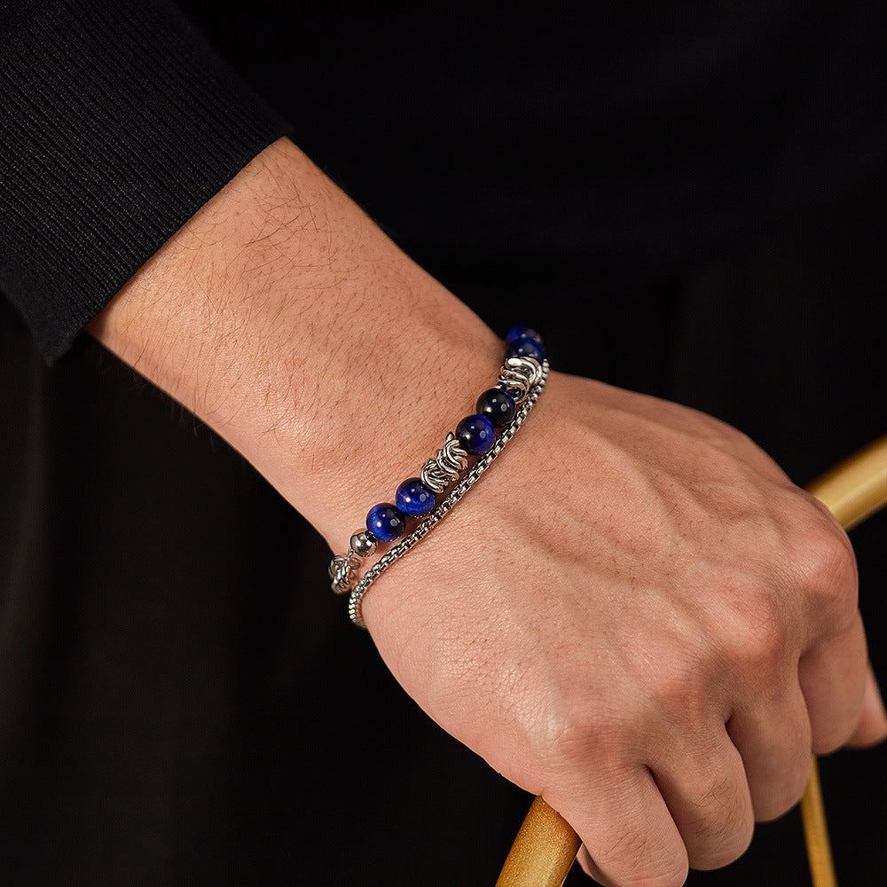 Blue Tiger's Eye Stainless Steel Multi-Layer Chain Bracelet