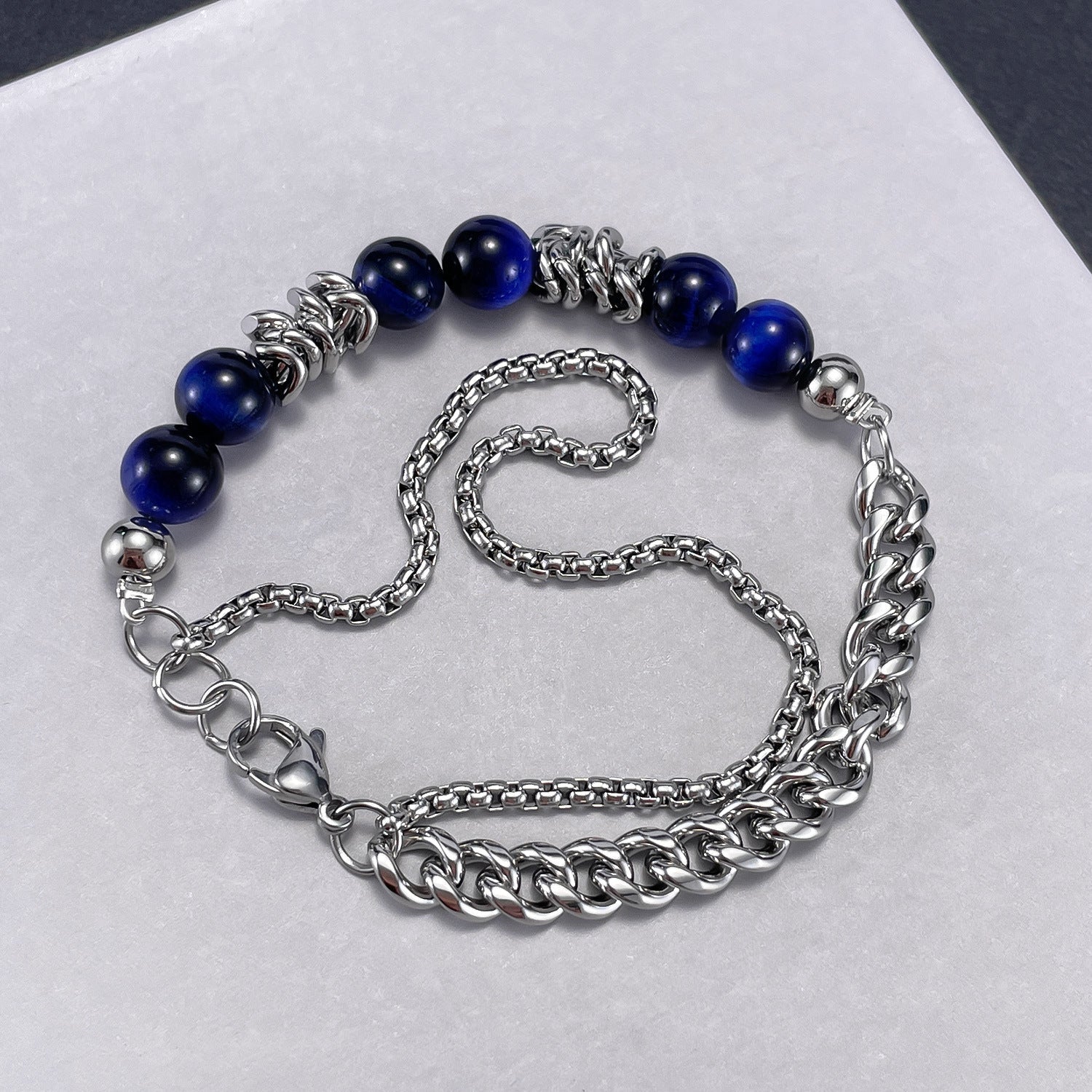 Blue Tiger's Eye Stainless Steel Multi-Layer Chain Bracelet