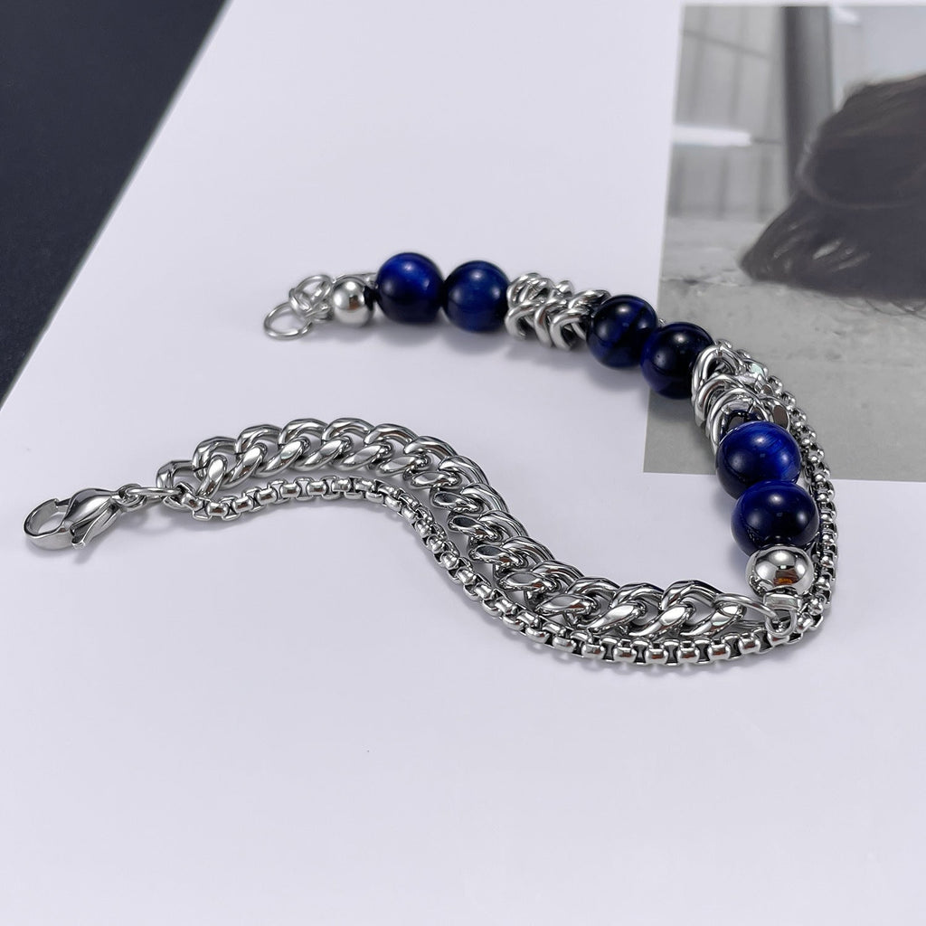 Blue Tiger's Eye Stainless Steel Multi-Layer Chain Bracelet