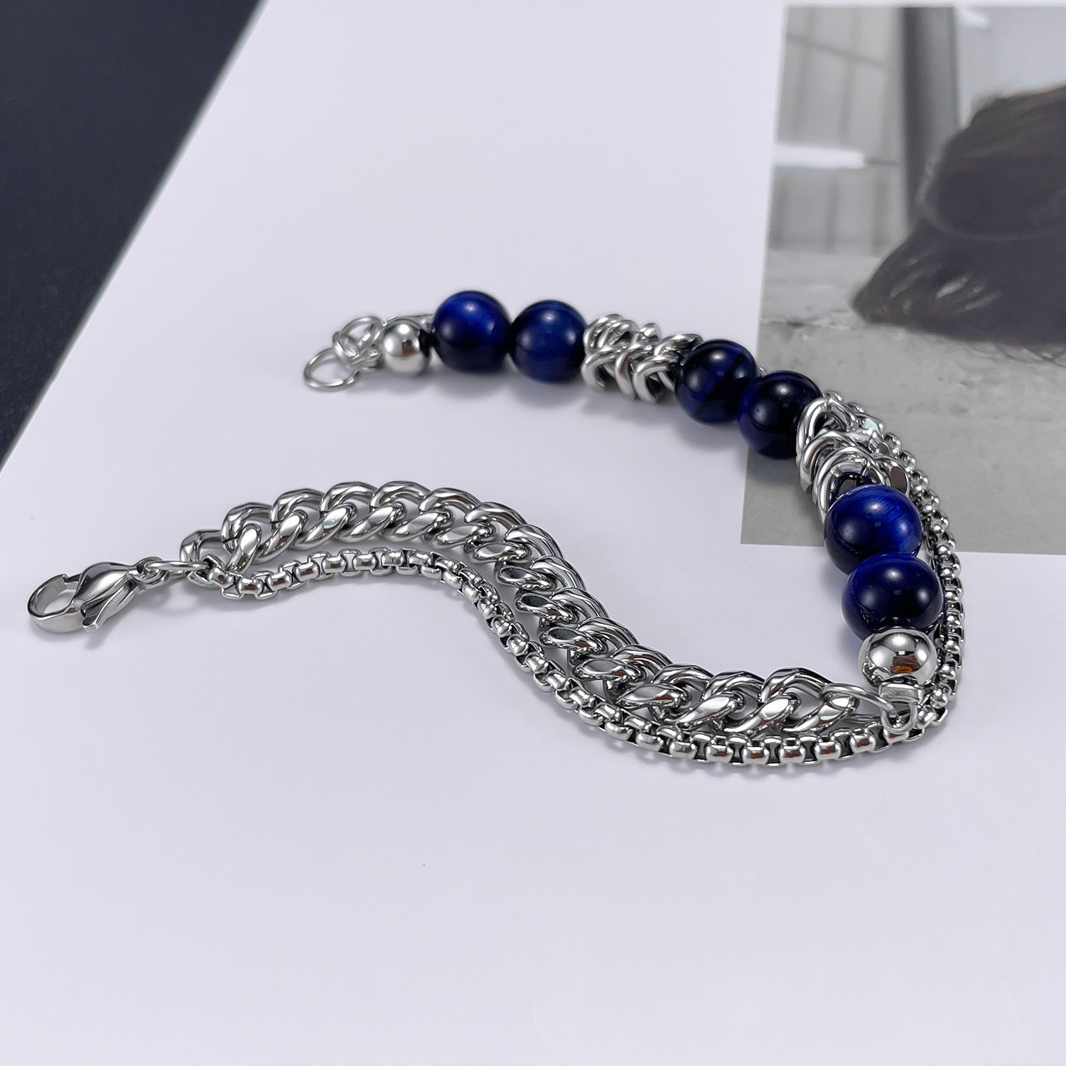 Blue Tiger's Eye Stainless Steel Multi-Layer Chain Bracelet