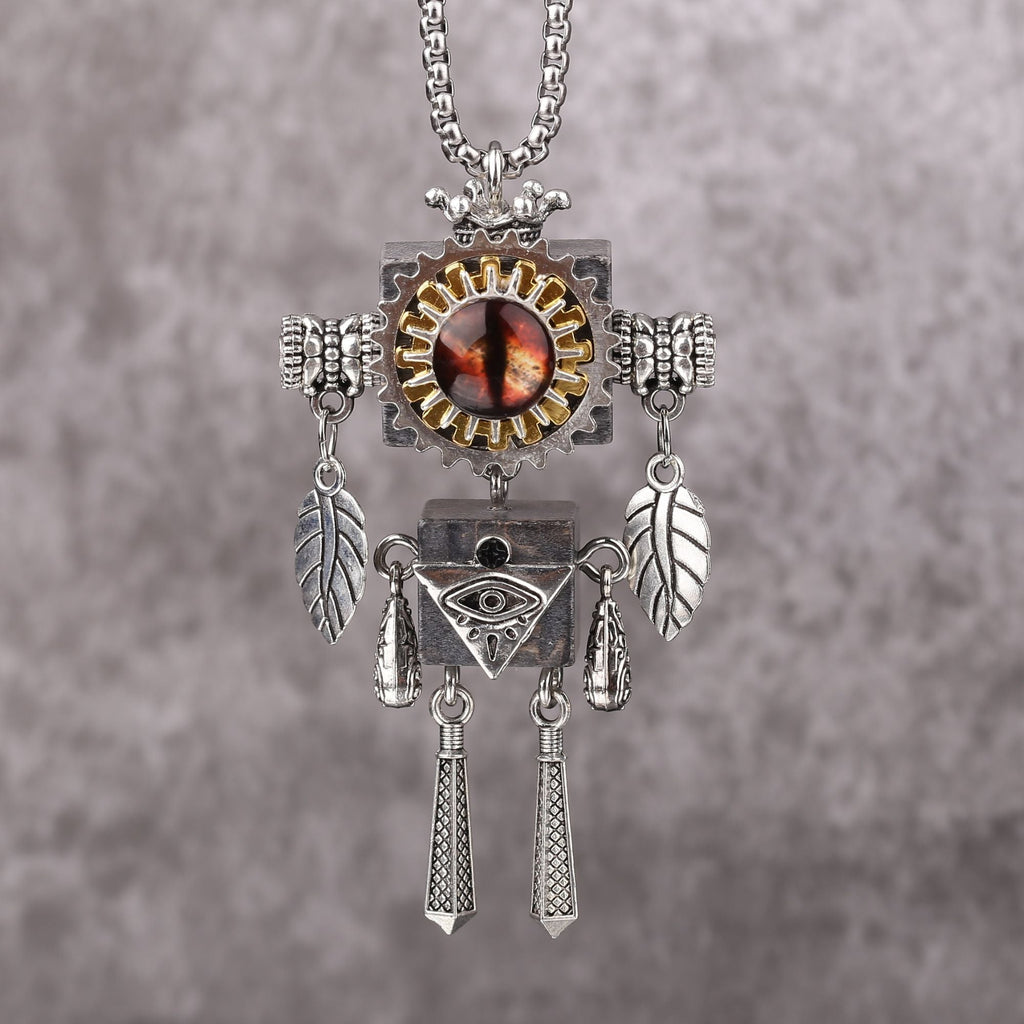 Artisan Amber Eye Gear Robot Necklace