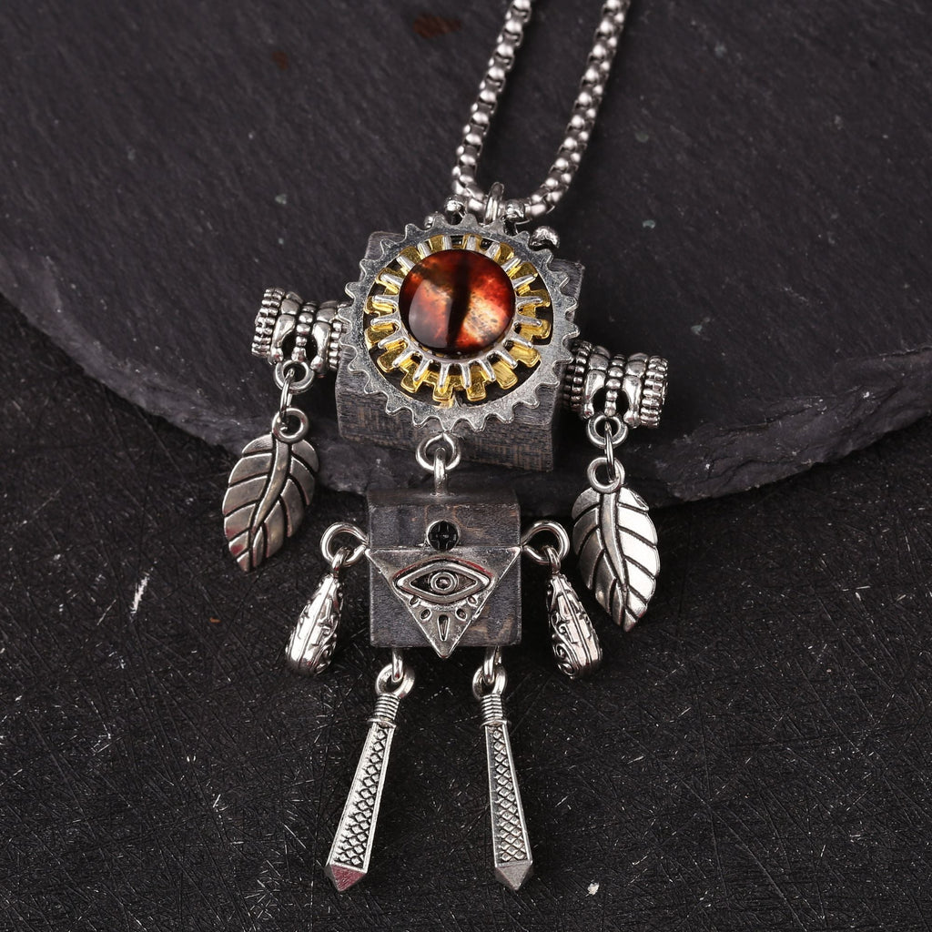 Artisan Amber Eye Gear Robot Necklace