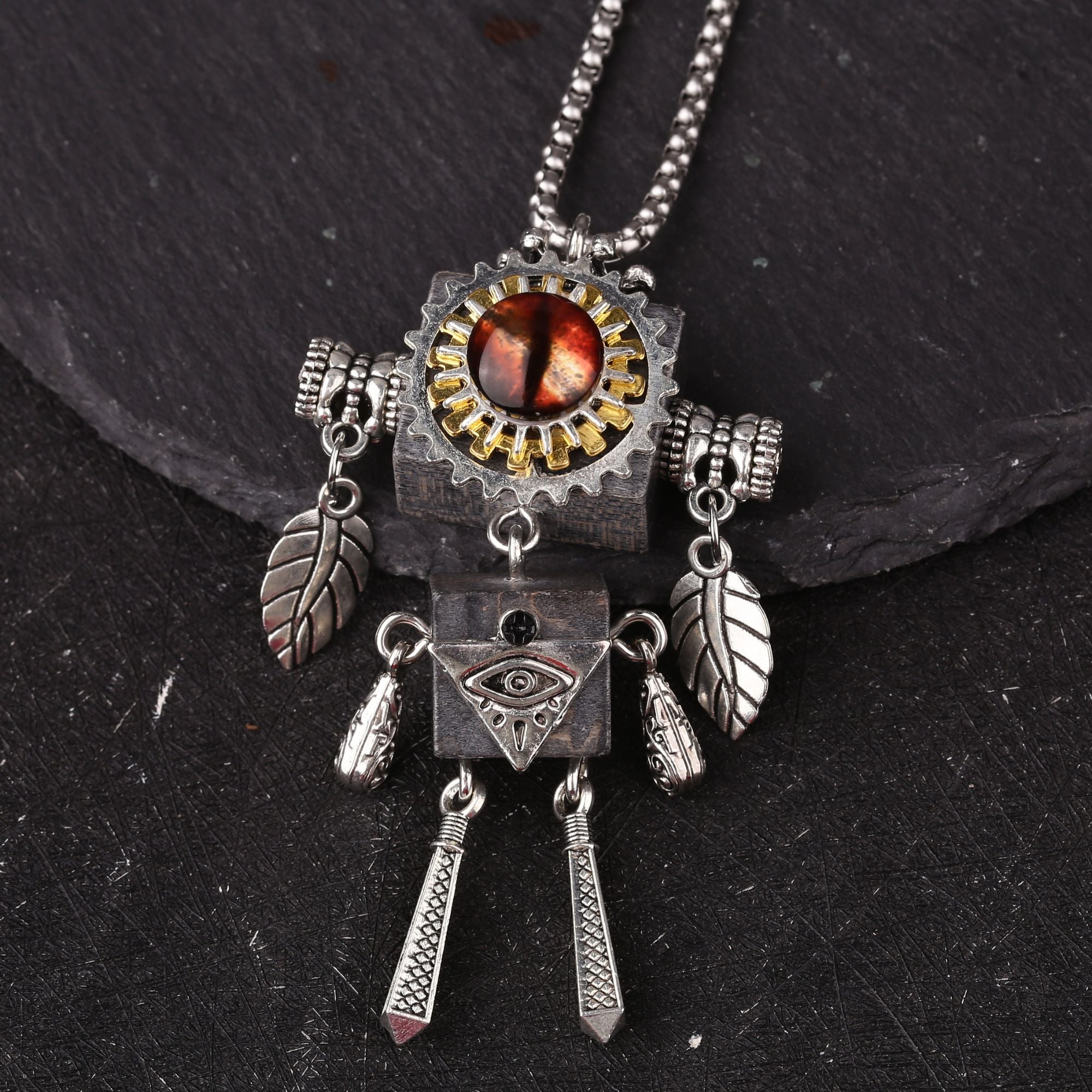 Artisan Amber Eye Gear Robot Necklace