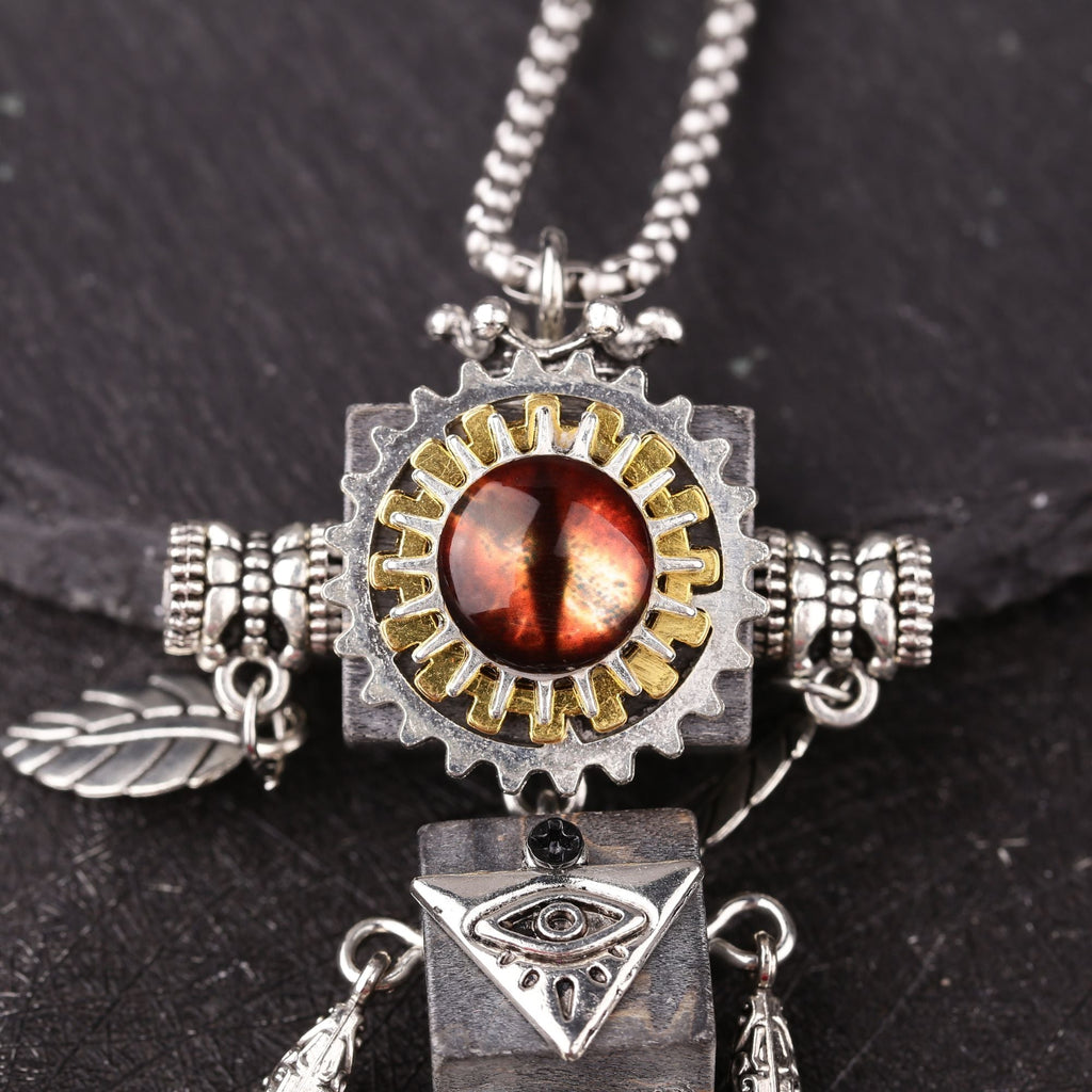 Artisan Amber Eye Gear Robot Necklace