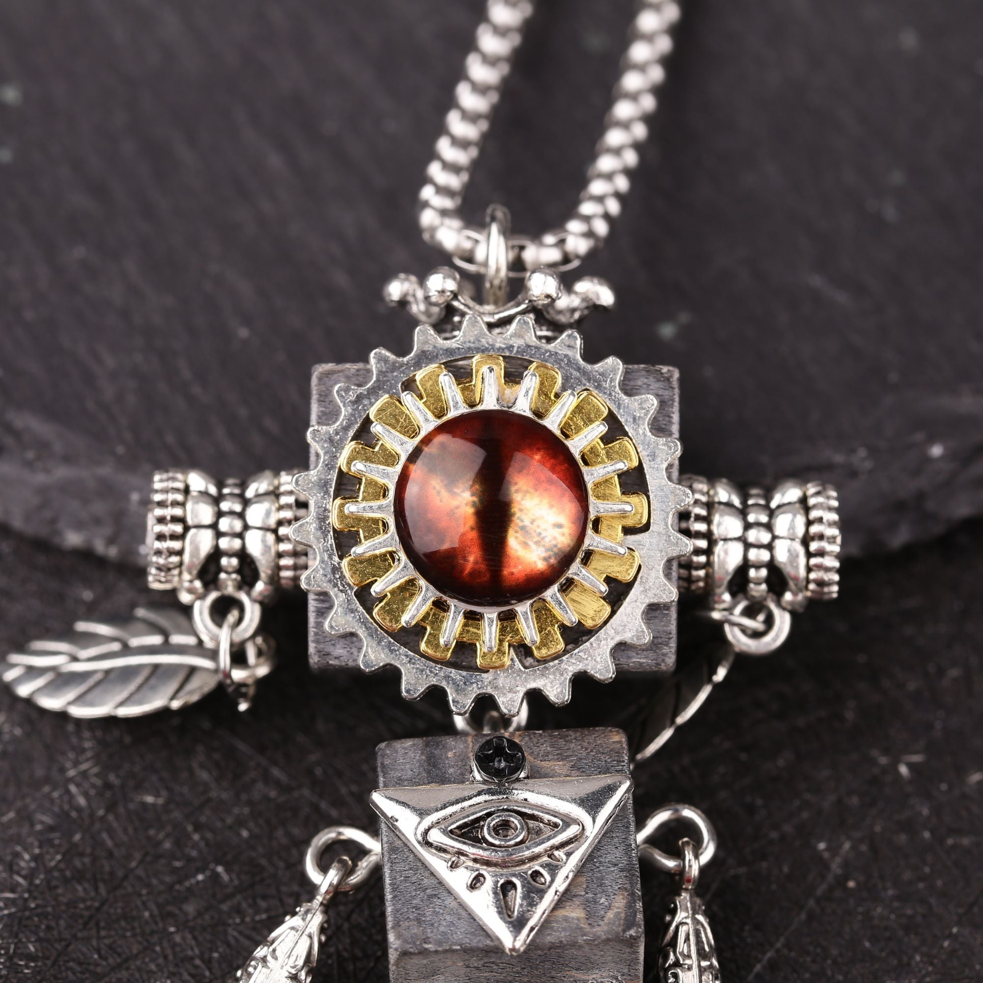 Artisan Amber Eye Gear Robot Necklace