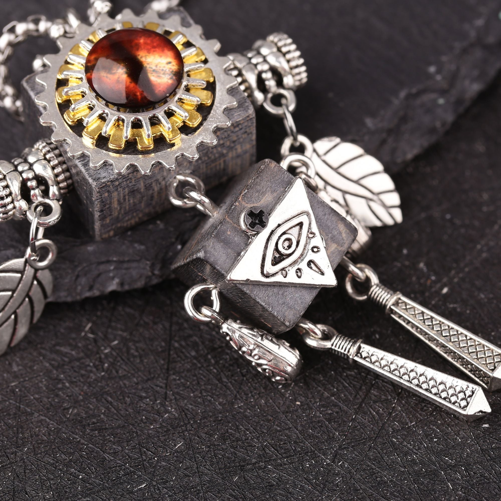 Artisan Amber Eye Gear Robot Necklace