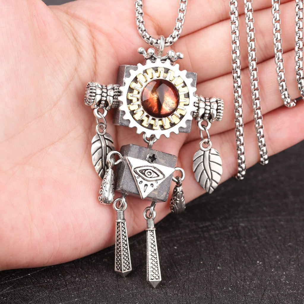 Artisan Amber Eye Gear Robot Necklace