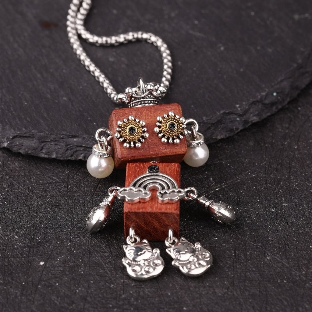 Artisan Crown Lucky Cat Robot Necklace