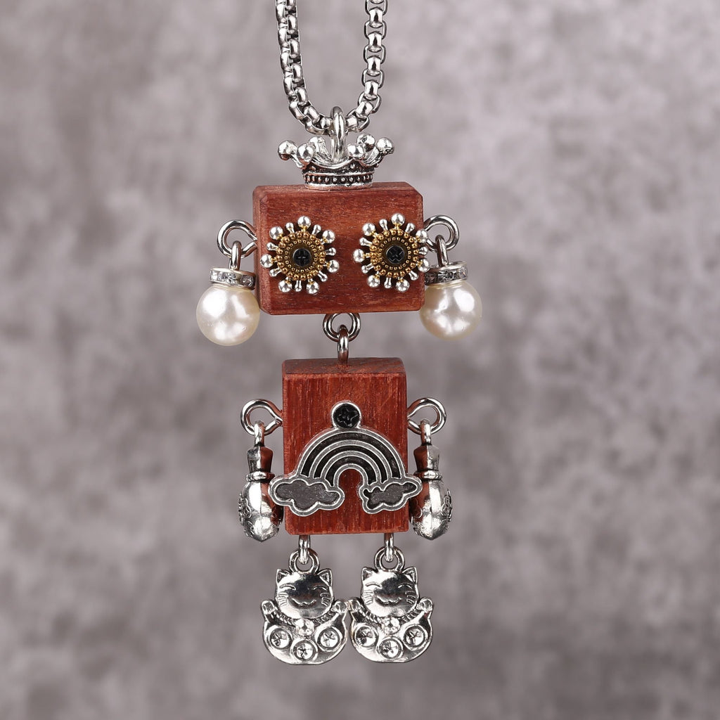 Artisan Crown Lucky Cat Robot Necklace