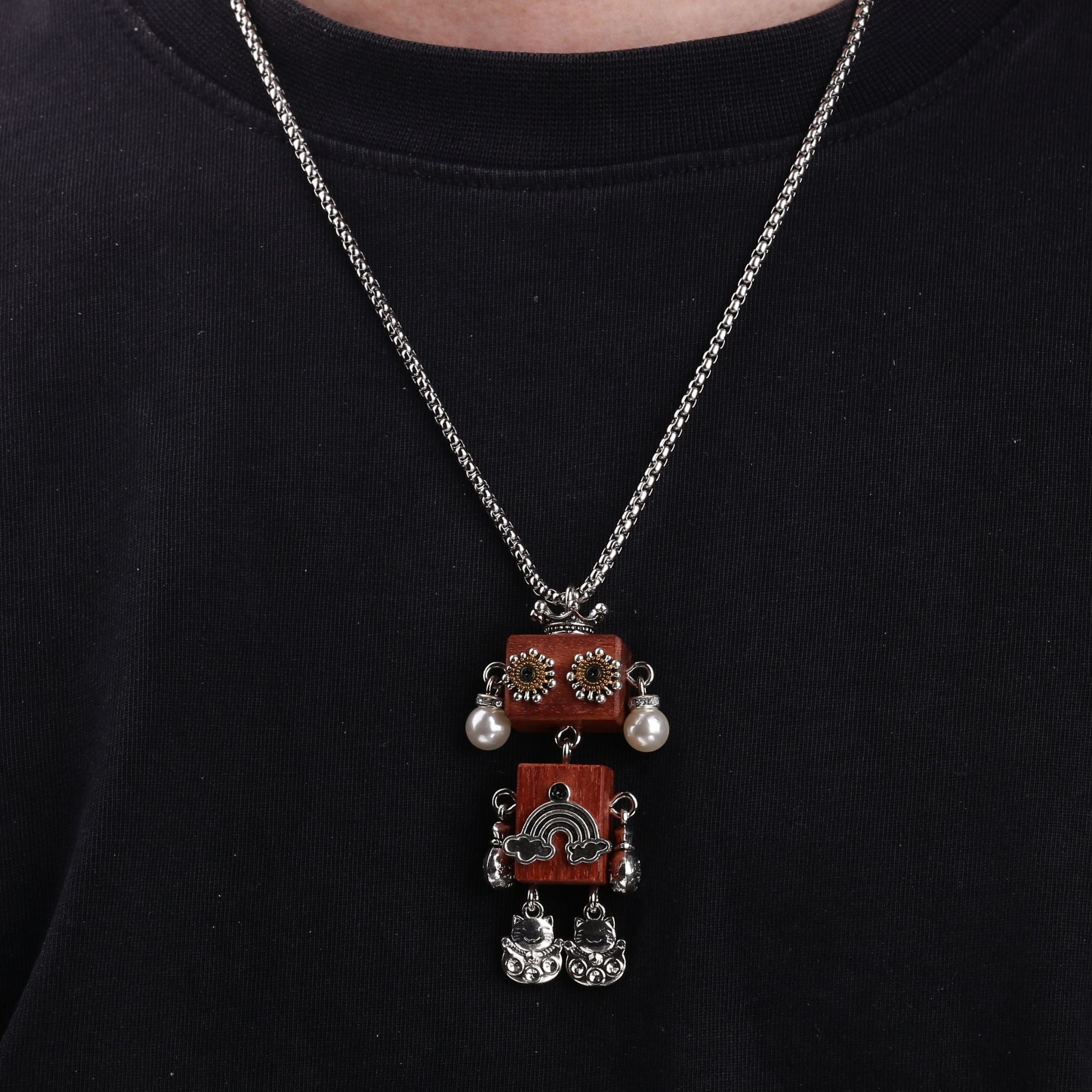Artisan Crown Lucky Cat Robot Necklace