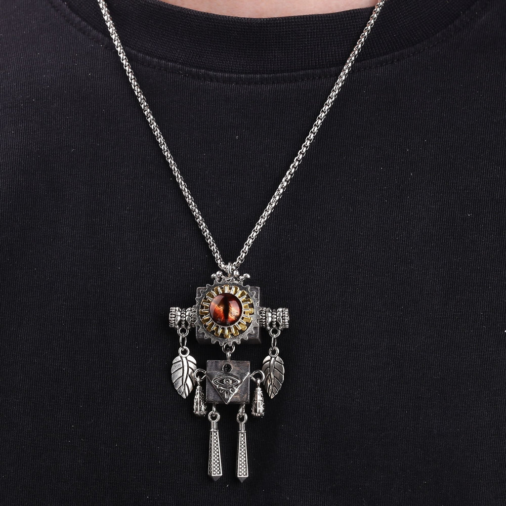 Artisan Amber Eye Gear Robot Necklace